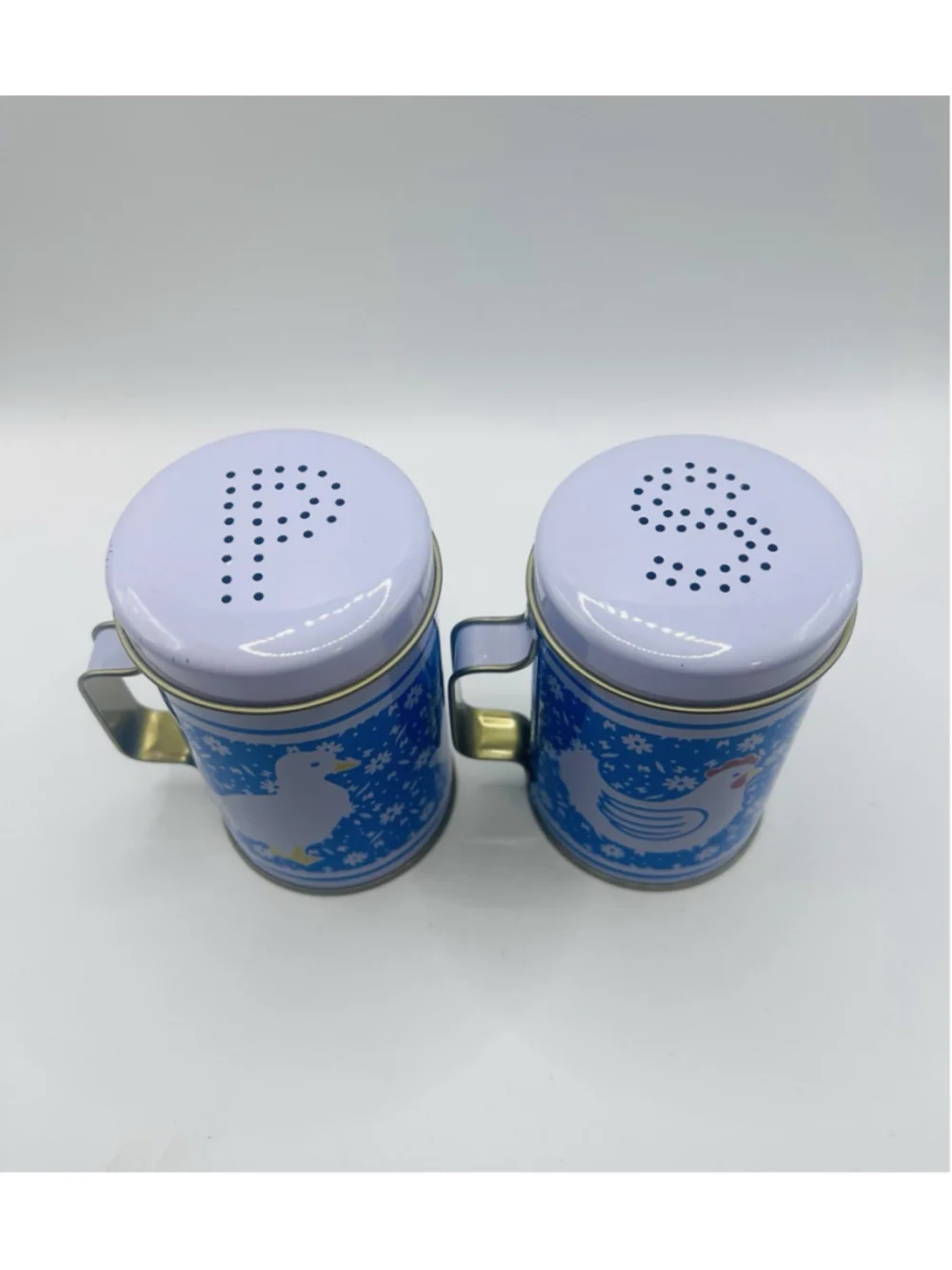Vintage Country Calico Kitchen Salt & Pepper Shakers Tin Metal Duck Hen Blue